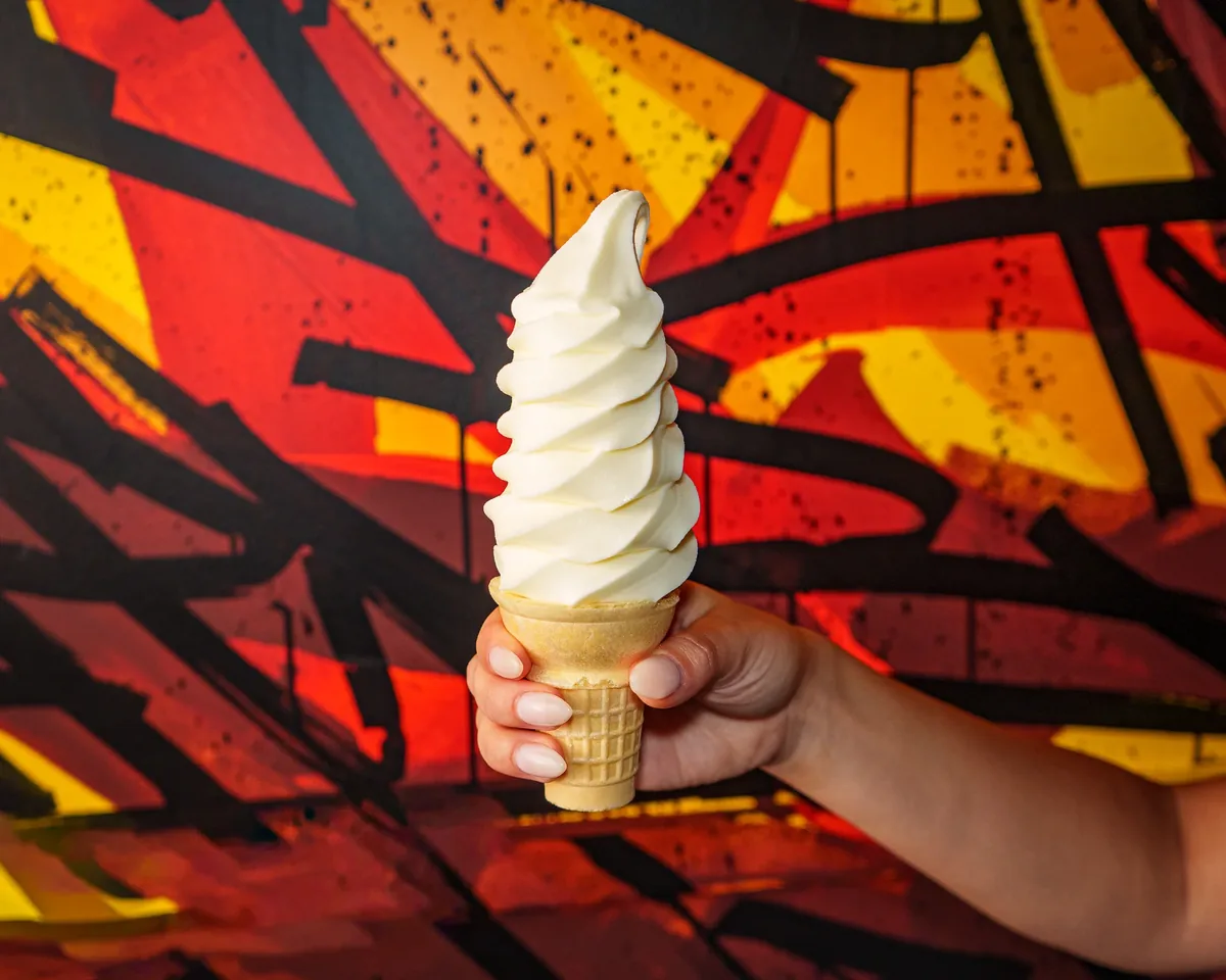 Vanilla soft serve in a cone