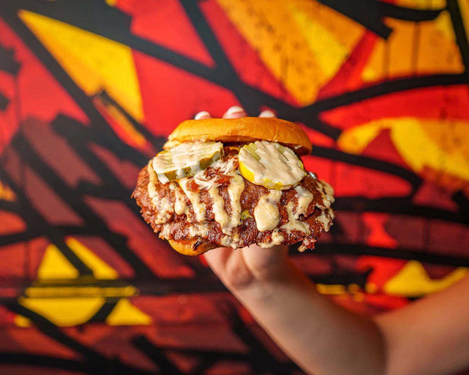 Mash smash burger with pickles and Mash Sauce