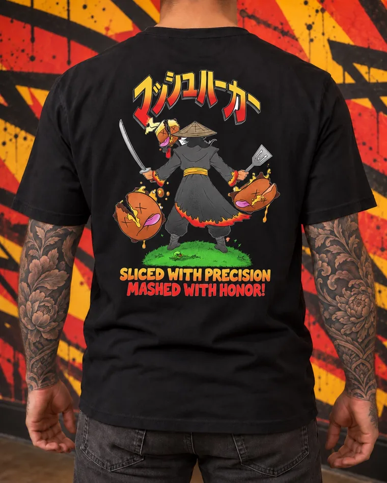 Back of the black Samurai tee: a samurai with burgers and the line “Sliced with precision. Mashed with honor!”