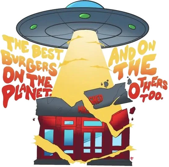 A UFO beaming up a Mashed Burgers store: the best burgers on the planet, and on the others too.